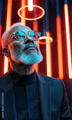 Stylish man in glasses gazes upward at neon lights in a modern setting