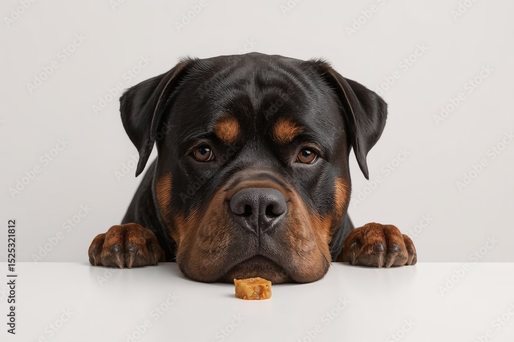 Rottweiler dog is eating food placed on the table with hopeful gesture, pet, pet cuteness, pet feeding, snack time, meal time, dog, focus, micro, white background Rottweiler dog is eating food placed on the table with hopeful gesture, pet, pet cuteness, pet feeding, snack time, meal time, dog, focus, micro, white background