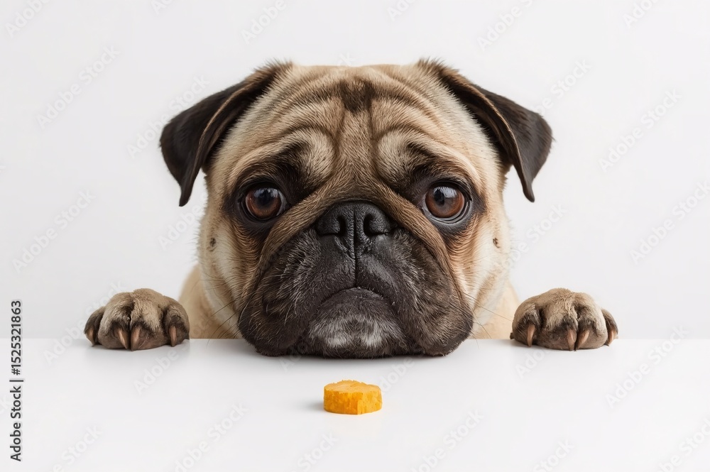Obraz premium Pug dog is eating food placed on the table with hopeful gesture, pet, pet cuteness, pet feeding, snack time, meal time, dog, focus, micro, white background