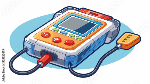 Modern handheld diagnostic scanner with screen and attached cable. Buttons are clearly labeled. Displayed in a flat position, close-up on white, ideal for tech-focused vehicle maintenance.

