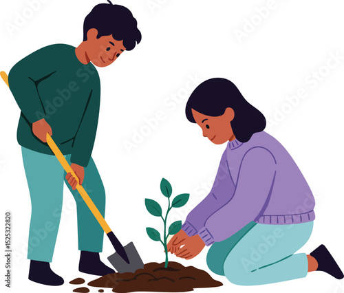 Children planting young tree together gardening outdoor nature activity vector illustration 