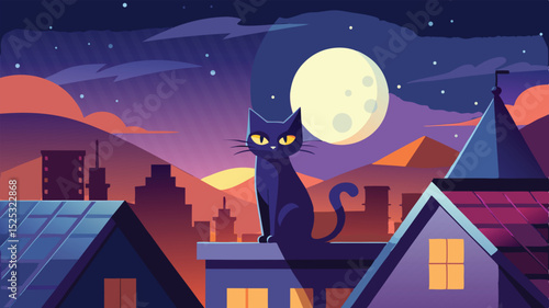 Spooky haunted town with a dark sky, silhouetted buildings, and a full moon