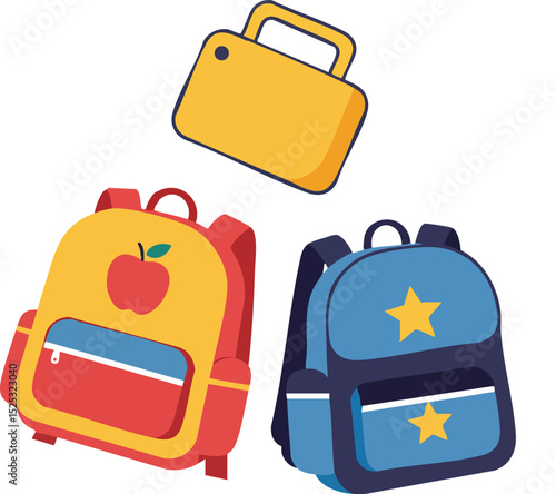 Yellow and blue school backpacks with luggage bag vector illustration for education and travel concepts 