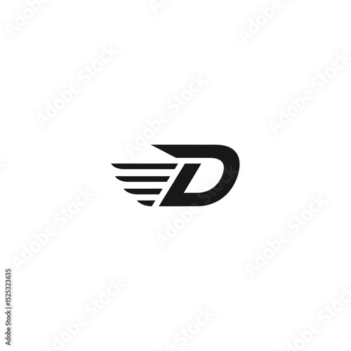 A sleek black letter d logo, designed with stylized wings, isolated on white background, suggesting speed and dynamism