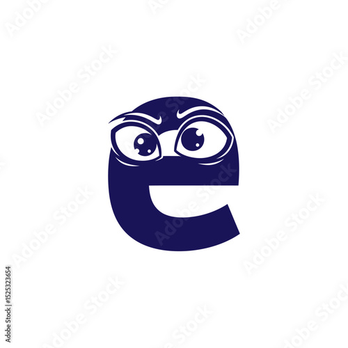 A mischievous navy blue letter e, with wide cartoon eyes and a sly grin, is isolated on white background