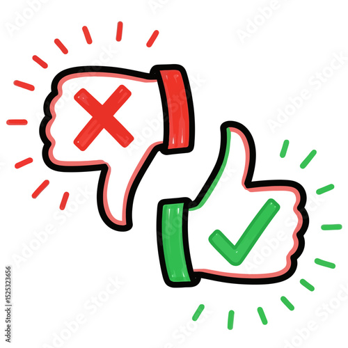 A vibrant red thumbsdown and a bright green thumbsup, symbols of rejection and approval, are isolated on white background