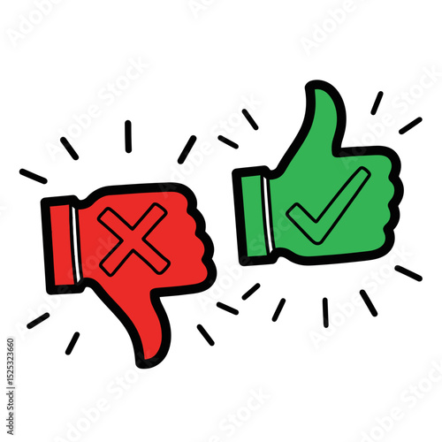 A vibrant green thumbsup and a bold red thumbsdown, symbols of approval and disapproval, are isolated on white background