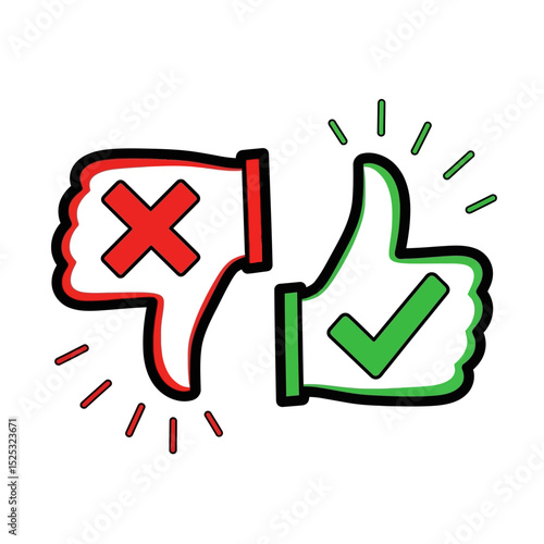 A vibrant thumbsup and thumbsdown graphic, isolated on white background, presents a clear choice between approval and disapproval
