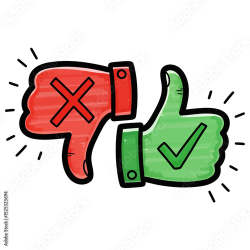 A vibrant red thumbsdown and a bright green thumbsup, symbols of disapproval and approval, are isolated on white background