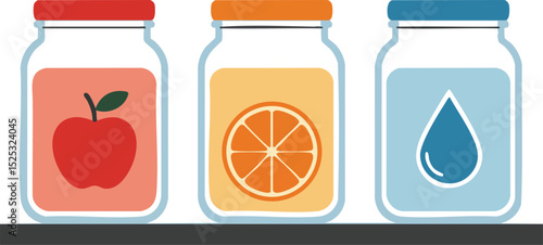 Three jars with apple, orange, and water icons on shelf in simple vector illustration design 