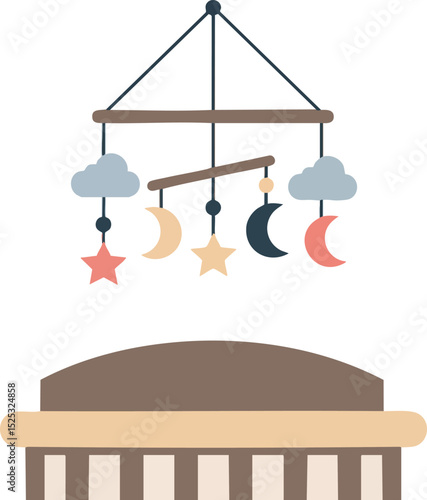 Baby mobile with stars, moons, and clouds hanging over crib in soft pastel colors for nursery decoration 