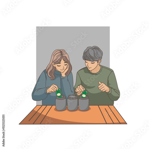 Man and Woman Saving Money Vector Illustration