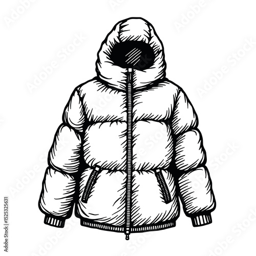 Sketch of puffer jacket with hood on plain background with copy space