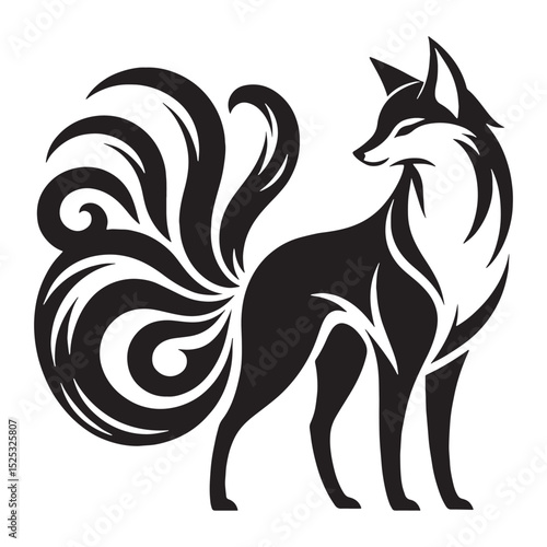 Folklore Kitsune form element — kitsune silhouette — kitsune vector — silhouette of kitsune — traditional mythical creature — Japanese folklore art — cunning spirit graphic
