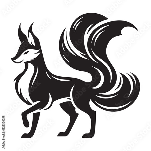 Traditional Kitsune form abstract — kitsune silhouette — kitsune vector — silhouette of kitsune — Kitsune illustration — multi-tailed fox concept — Japanese mythology drawing — cunning spirit renderin
