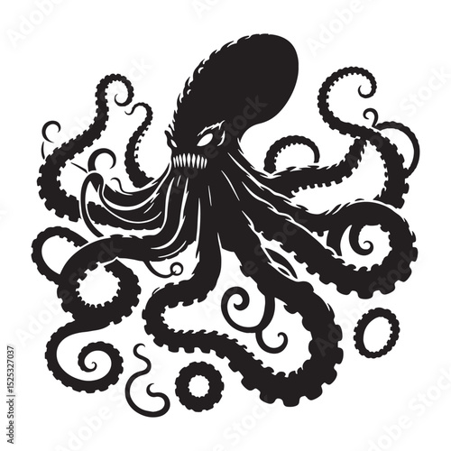 Enigmatic Kraken contour design — kraken silhouette — kraken vector — silhouette of kraken — monstrous ocean dweller — horror folklore symbol — abyssal depths art
