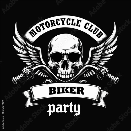 Vector t-shirt design with biker motorcycle,
human skull, wings isolated on black background. 
Fashionable print for fabric, men clothing,
hoodie, biker jacket. T shirt template with lettering.