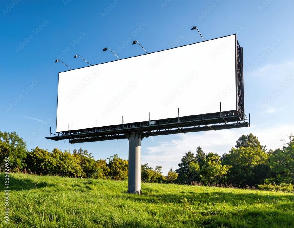 Obraz premium Blank Billboard on Green Field Under Blue Sky Ready for Advertising