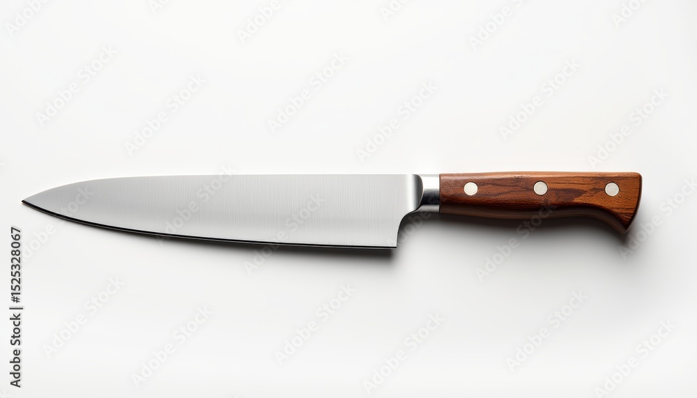 Chef’s knife with shiny blade and wooden handle on white background Chef’s knife with shiny blade and wooden handle on white background