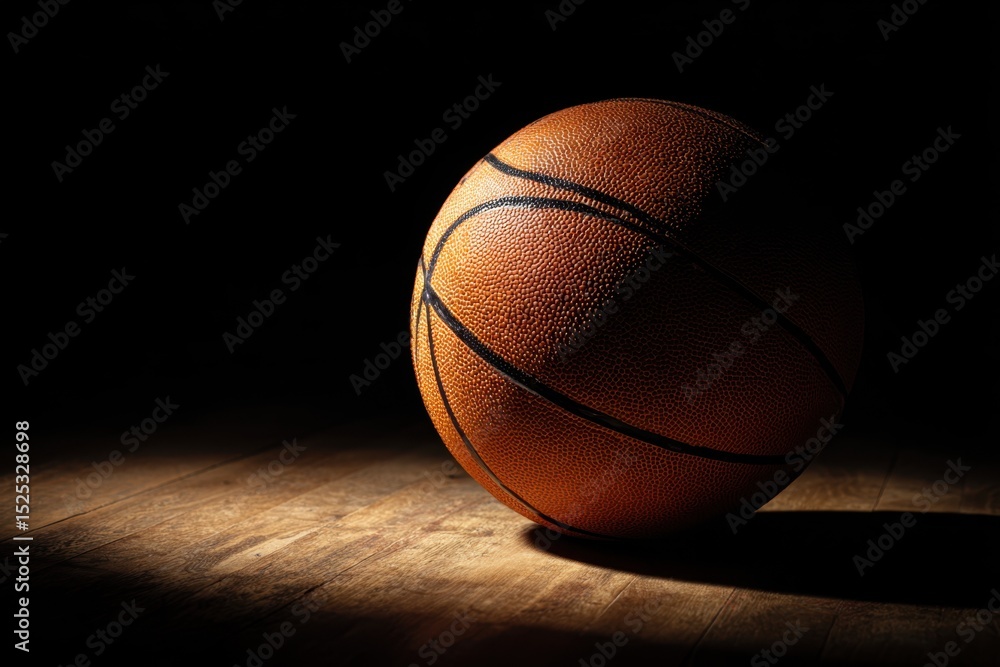 Basketball on Wooden Floor in Dark Background Image Basketball on Wooden Floor in Dark Background Image