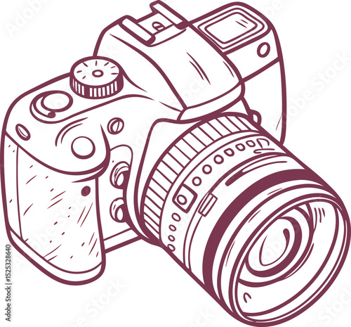 Hand drawn dslr camera illustration maroon outline
