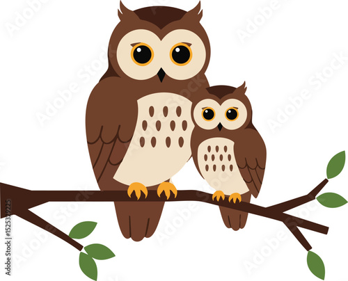 Owl and baby owl sitting on branch with green leaves vector illustration in brown and beige colors 