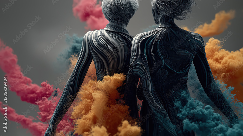 Fototapeta premium Abstract Artistic Human Figures Surrounded by Colorful Smoke Clouds in Surreal Style