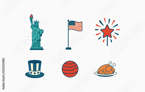Set of Patriotic Icons Including Statue of Liberty, Flag, Firework, and Uncle Sam Hat