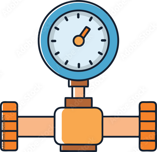 Flat vector illustration of a pressure gauge with pipeline valve system. Ideal for plumbing, engineering, mechanical, or industrial design. Clean and colorful graphic for technical themes.