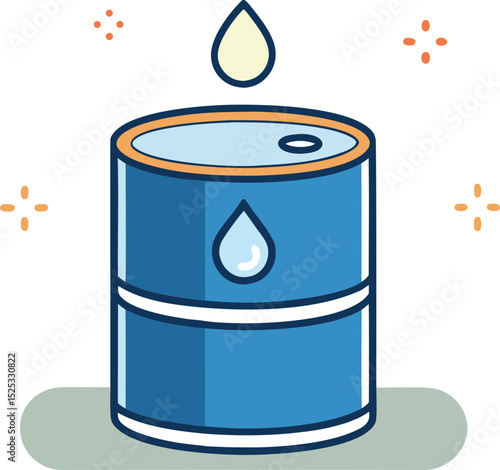 Cartoon blue oil barrel with droplet illustration. Cute vector design representing fuel, storage, or petroleum industry concepts. Perfect for infographics, icons, and educational use.