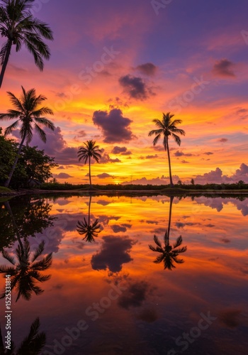 Vibrant Orange and Purple Sunset Reflected in Tropical Water