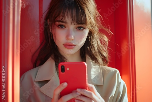 A stylish woman uses her phone inside a red phone booth. She exudes a sense of modern charm