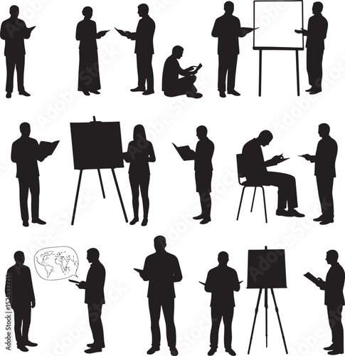 Variety of isolated silhouettes of people engaged in professional activities like presenting reading and collaborating