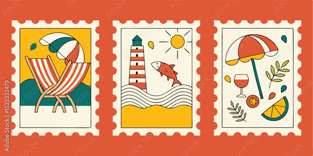 Fototapeta premium Aged and used vintage postage stamps with a retro postmark, perfect for a philately collection or antique correspondence umbrella, fish with birds and a vintage postage stamp design