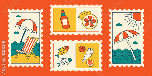 Aged and used vintage postage stamps with a retro postmark, perfect for a philately collection or antique correspondence umbrella, fish