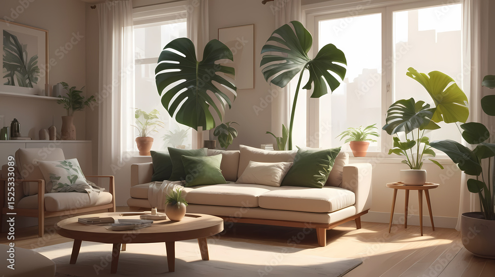 custom made wallpaper toronto digitalCozy home interior with large green plant in modern living room. Stylized illustration perfect for home decor, lifestyle, wellness and interior design concepts