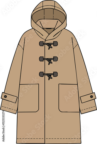 Hooded toggle coat vector illustration with large pockets and buttoned cuffs in beige color for winter fashion wear 