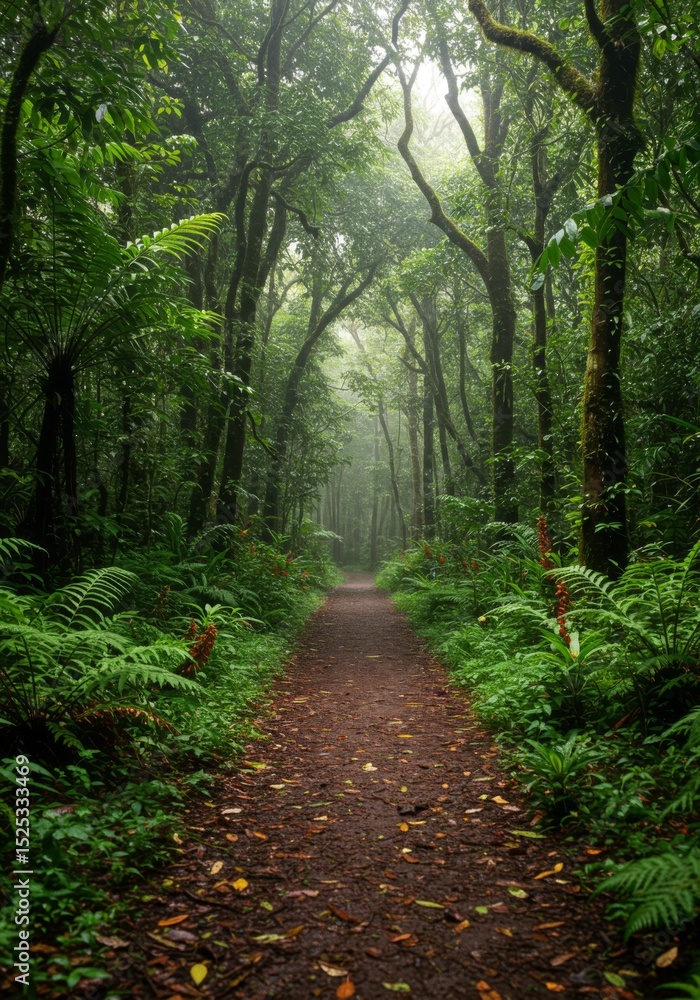 Fototapeta premium Lush Green Forest Path on a Misty Day