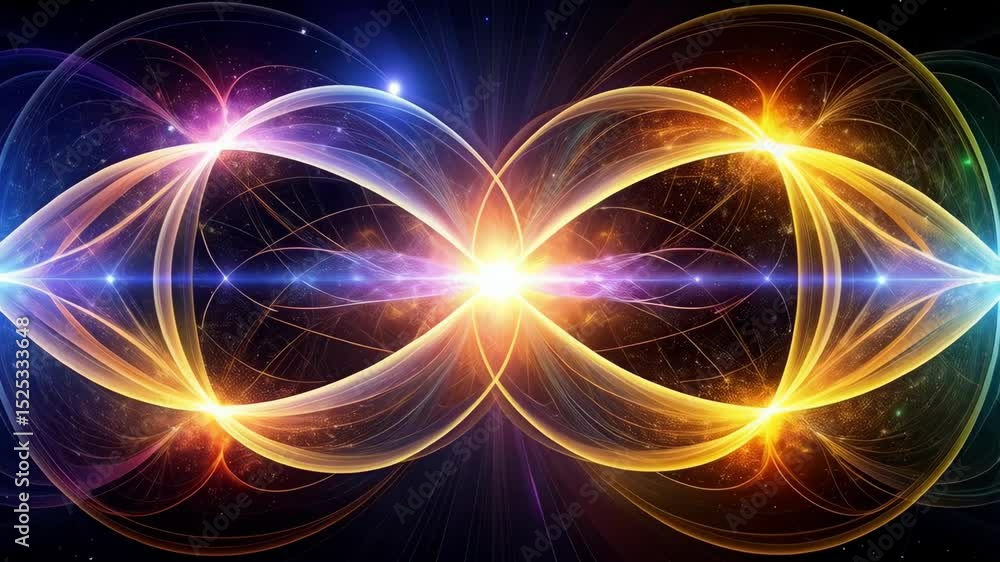 Abstract futuristic infinity symbol design featuring symmetrical curves and vibrant light bursts on a cosmic background. Abstract futuristic infinity symbol design featuring symmetrical curves and vibrant light bursts on a cosmic background.