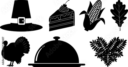 Thanksgiving dinner and autumn harvest silhouette collection with pilgrim hat turkey and festive food