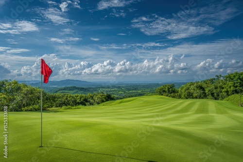 A Green Golf Course with Rolling Hills under Sky