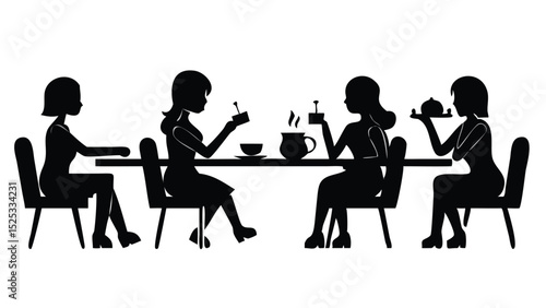 Four women enjoying afternoon tea together silhouette isolated on white background
