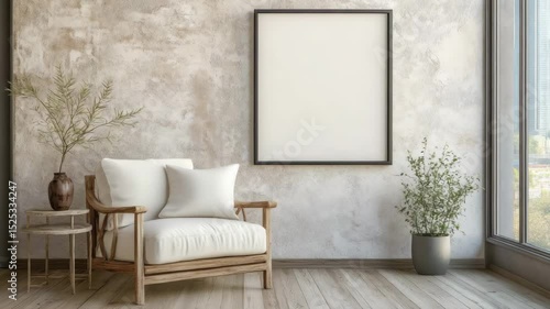 Minimalist modern living room with armchair by stucco wall featuring a framed poster