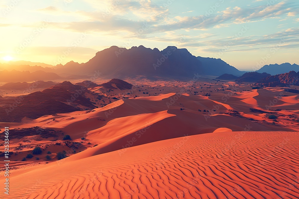 Naklejka premium Serene orange sand dunes landscape, backlit with sunset glow, desert mountains