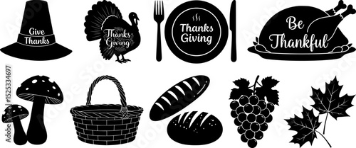 Give thanks and be thankful typography with thanksgiving holiday silhouette collection with turkey pilgrim hat and harvest food