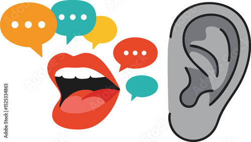 Communication concept with colorful speech bubbles mouth and ear vector illustration for conversation and listening skills 