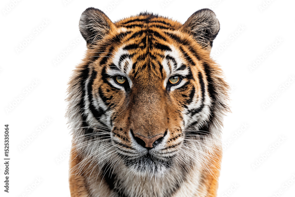 Obraz premium Close-up portrait of a majestic tiger with intense gaze, isolated on transparent background. Wildlife, predator, and conservation concept for nature and animal visuals