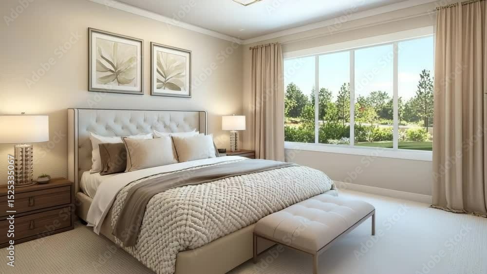 Modern bedroom with clean lines and natural tones in Scandinavian style Modern bedroom with clean lines and natural tones in Scandinavian style