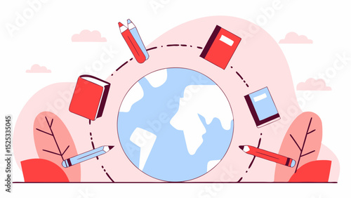 Books and pencils orbiting globe in educational vector illustration