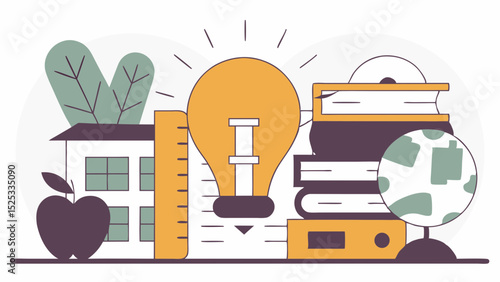 School supplies with books and lightbulb in creative vector style